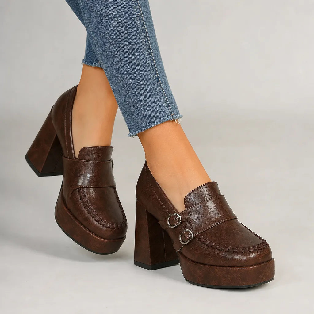 Elsa women's orthopedic Mary Jane heels by Hudson Ridge in brown, featuring supportive design and classic strap style.