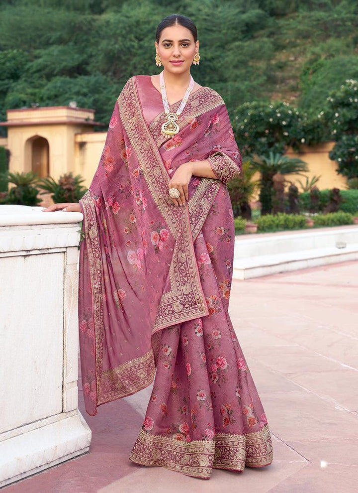 Embroidered Onion Pink Organza Floral Saree  - By Kreeva