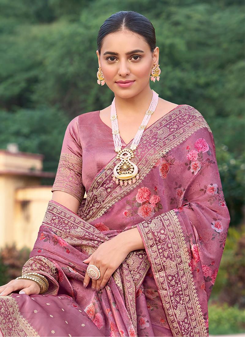 Embroidered Onion Pink Organza Floral Saree  - By Kreeva