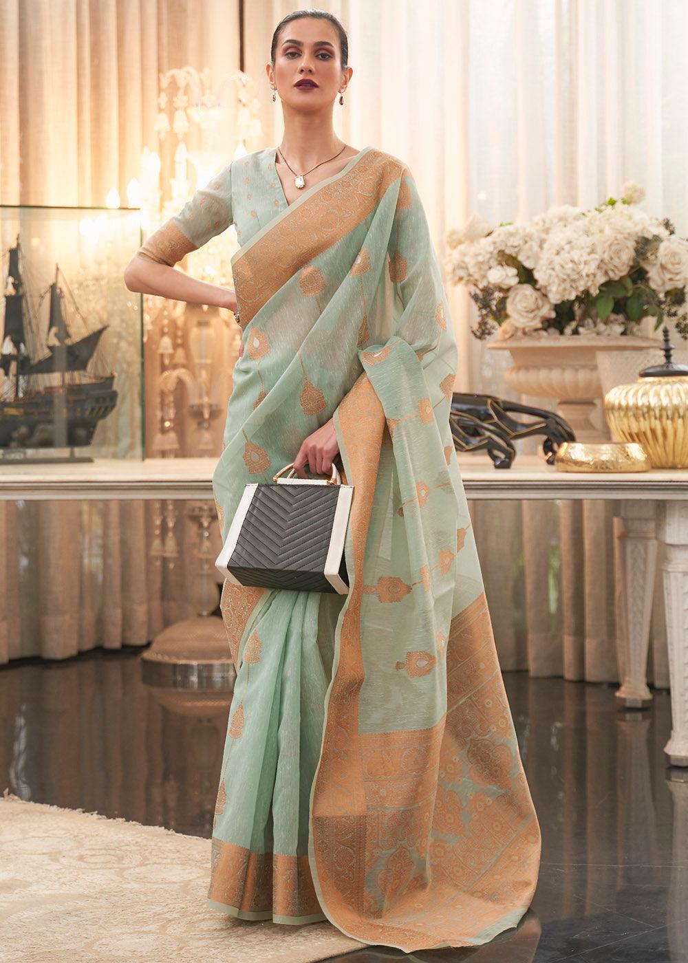 Emerald Green Copper Zari Woven Linen Silk Saree | Stitched Blouse - qivii