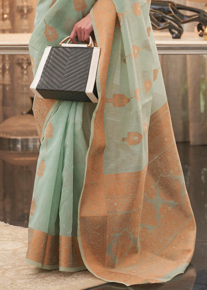 Emerald Green Copper Zari Woven Linen Silk Saree | Stitched Blouse - qivii