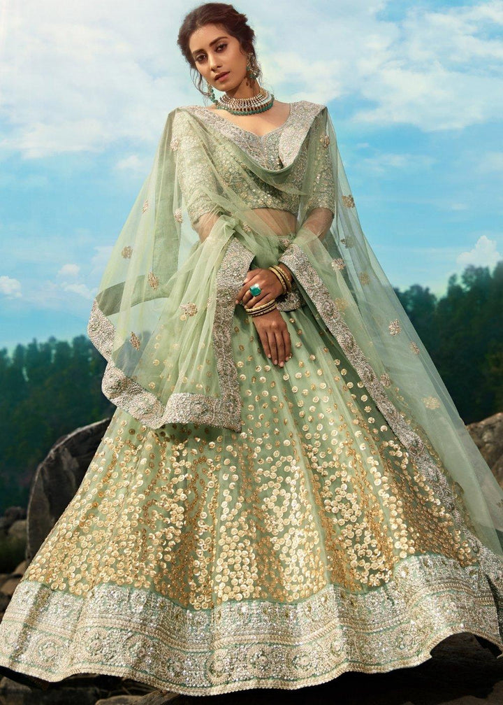 Emerald Green Designer Soft Net Lehenga Choli with Sequins & Dori work - qivii