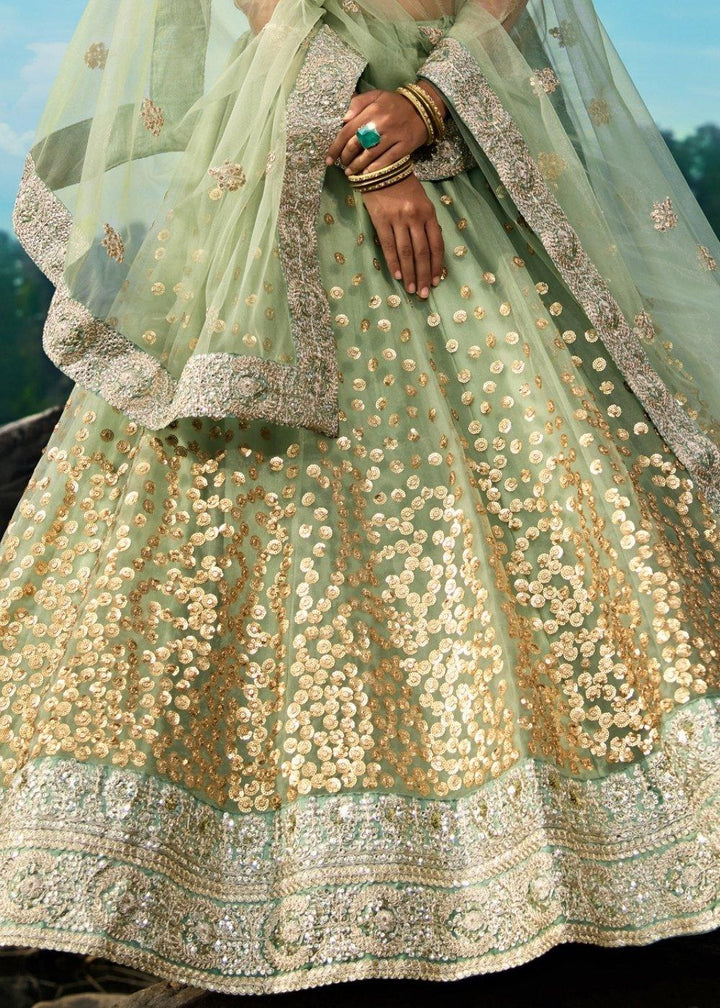 Emerald Green Designer Soft Net Lehenga Choli with Sequins & Dori work - qivii