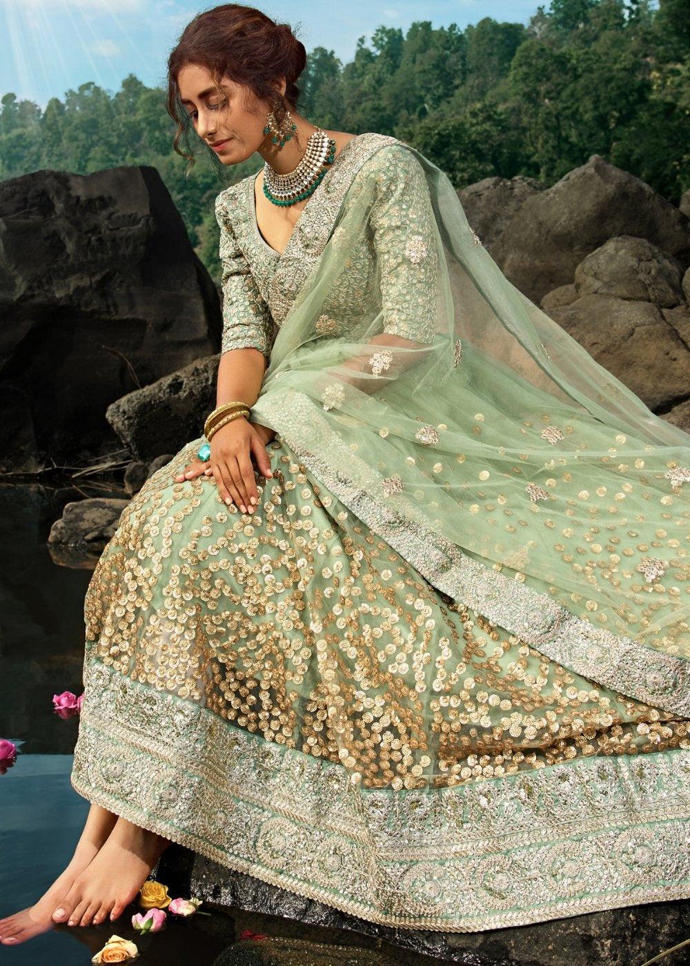 Emerald Green Designer Soft Net Lehenga Choli with Sequins & Dori work - qivii