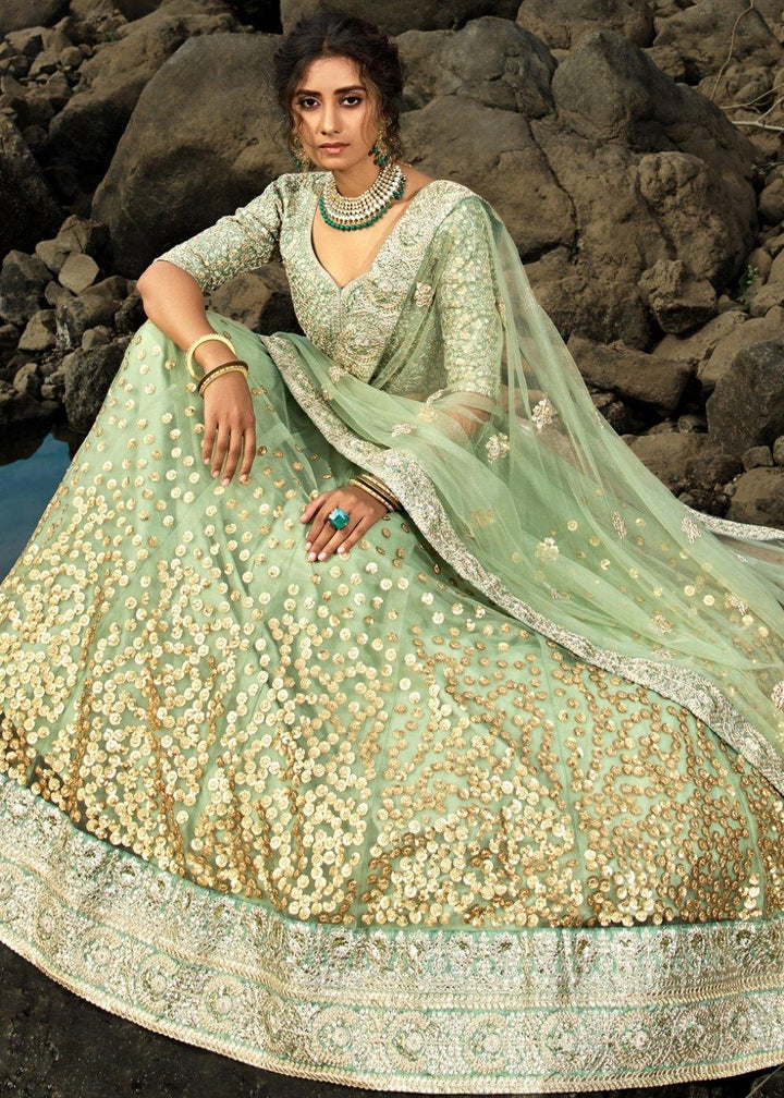 Emerald Green Designer Soft Net Lehenga Choli with Sequins & Dori work - qivii