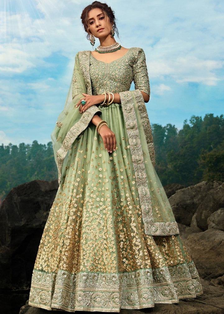 Emerald Green Designer Soft Net Lehenga Choli with Sequins & Dori work - qivii