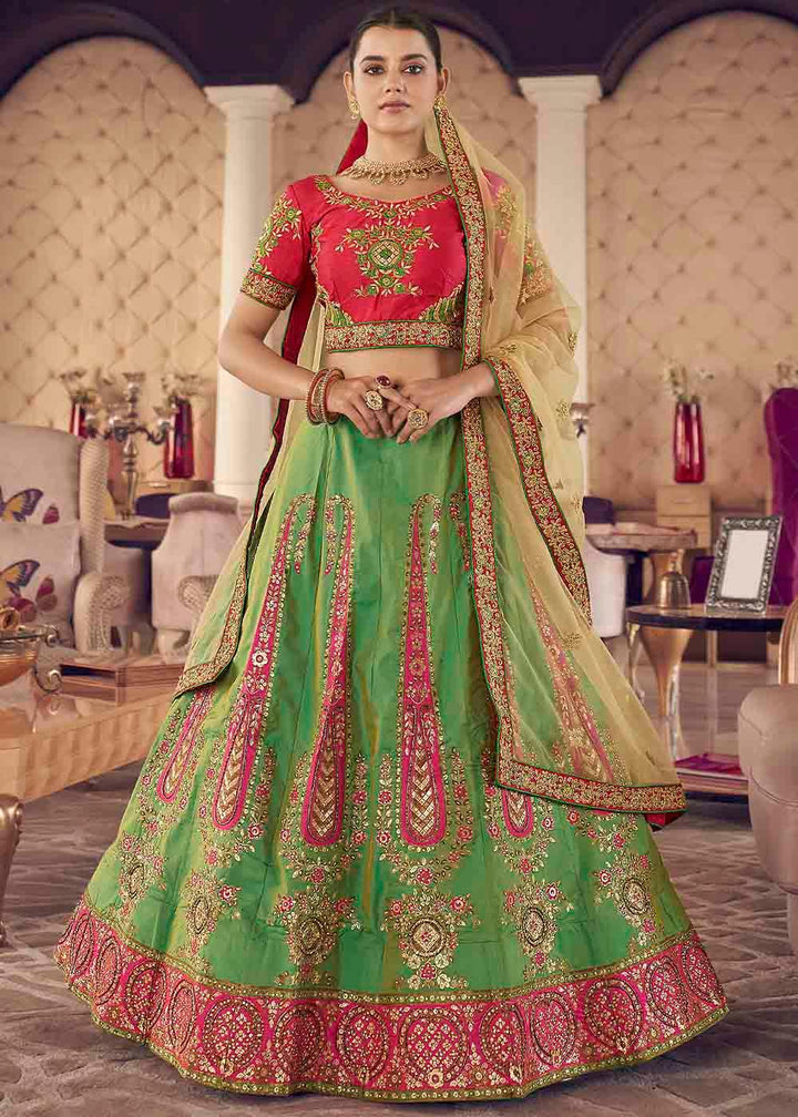 Emerald Green Silk Lehenga Choli with Thread & Zari work - qivii