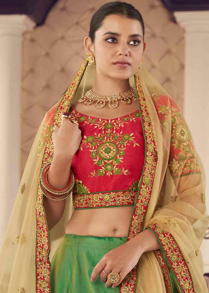 Emerald Green Silk Lehenga Choli with Thread & Zari work - qivii