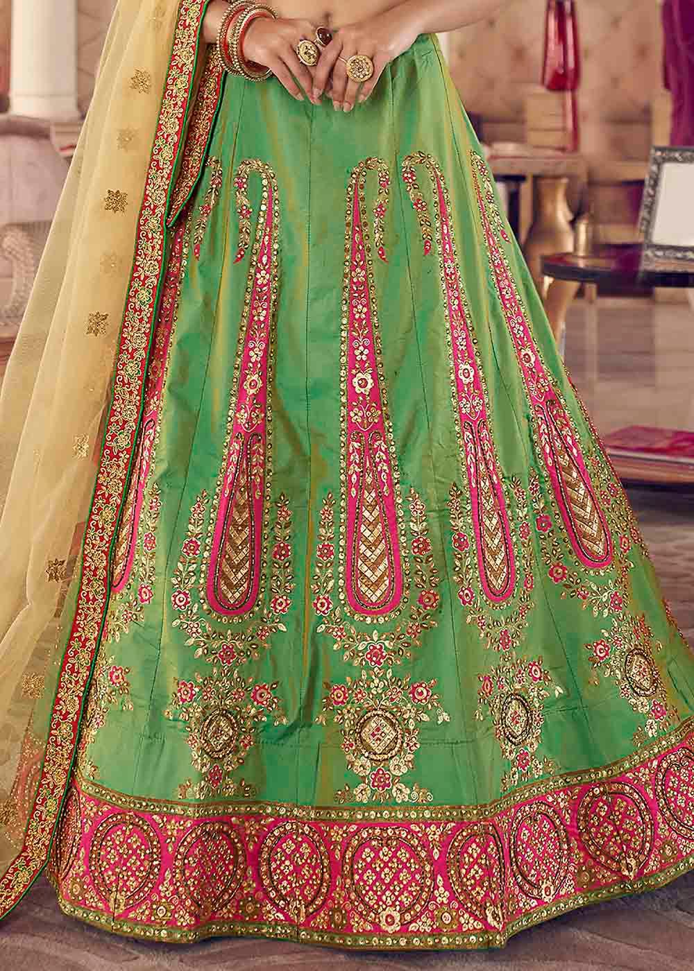 Emerald Green Silk Lehenga Choli with Thread & Zari work - qivii