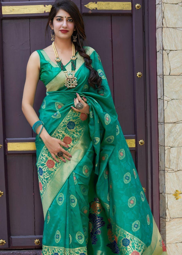 Emerald Green Silk Saree with Floral Motif Zari Border | Stitched Blouse - qivii