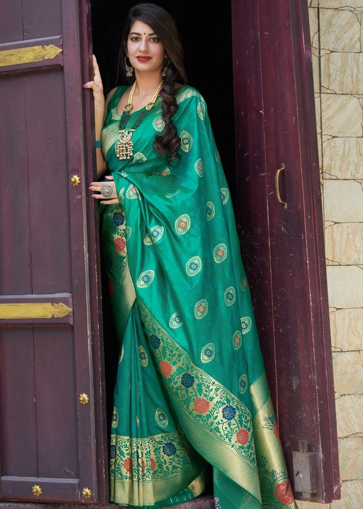 Emerald Green Silk Saree with Floral Motif Zari Border | Stitched Blouse - qivii