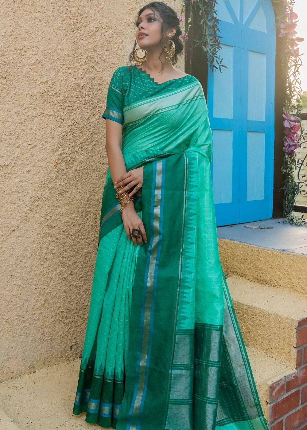 Emerald Green Zari Woven Banarasi Raw Silk Saree | Stitched Blouse - qivii