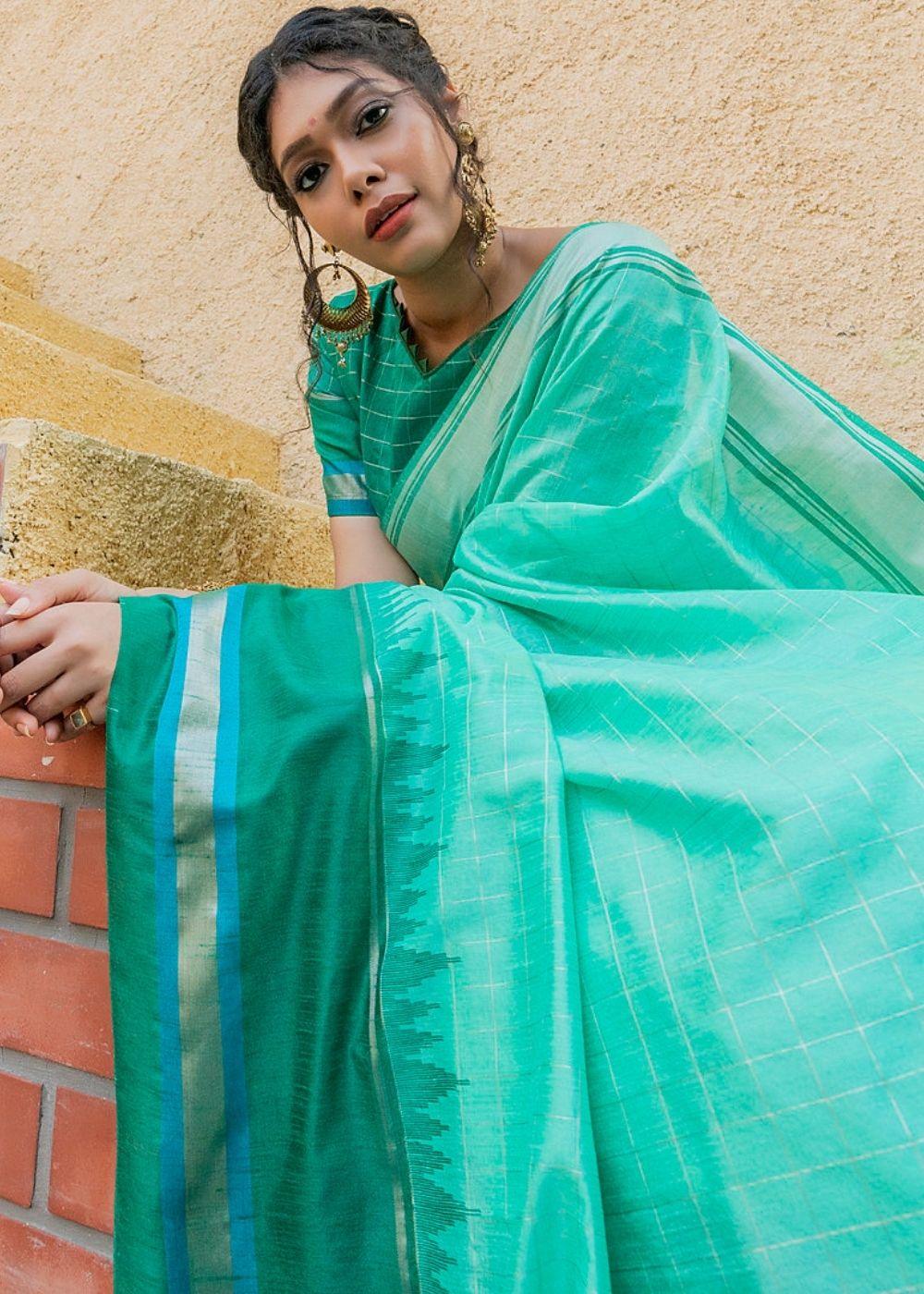 Emerald Green Zari Woven Banarasi Raw Silk Saree | Stitched Blouse - qivii