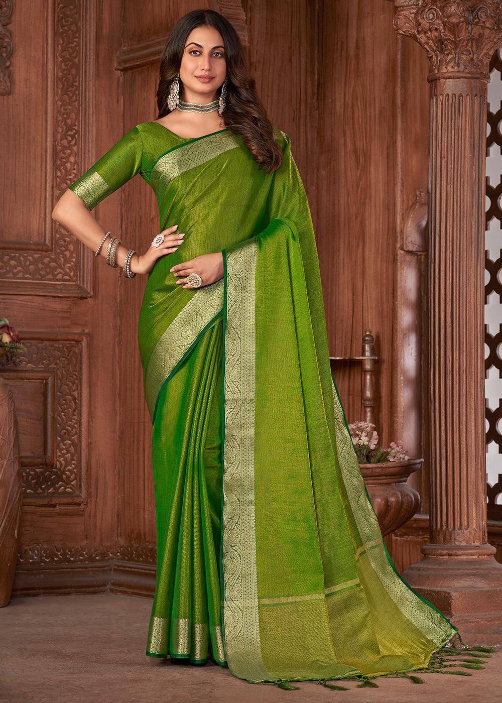 Emerald Green Zari Woven Tussar Silk Saree | Stitched Blouse - qivii