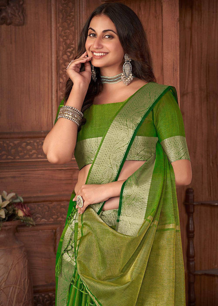 Emerald Green Zari Woven Tussar Silk Saree | Stitched Blouse - qivii