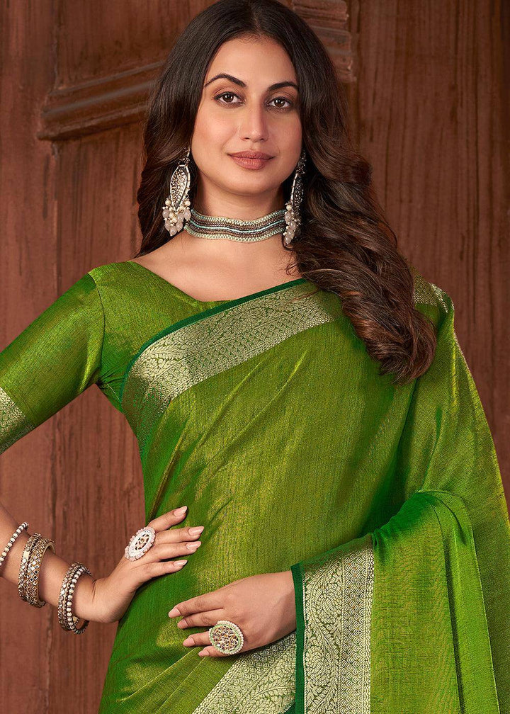 Emerald Green Zari Woven Tussar Silk Saree | Stitched Blouse - qivii