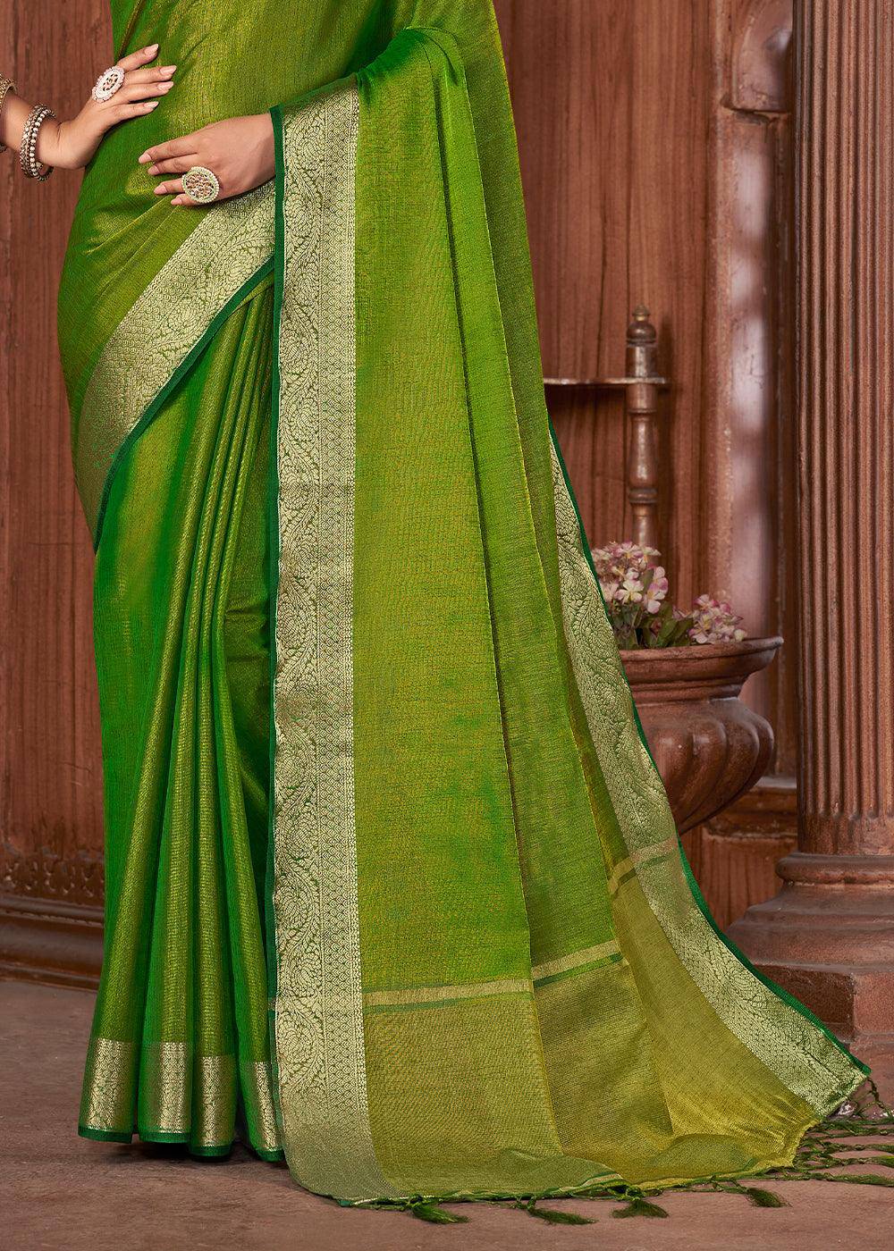 Emerald Green Zari Woven Tussar Silk Saree | Stitched Blouse - qivii