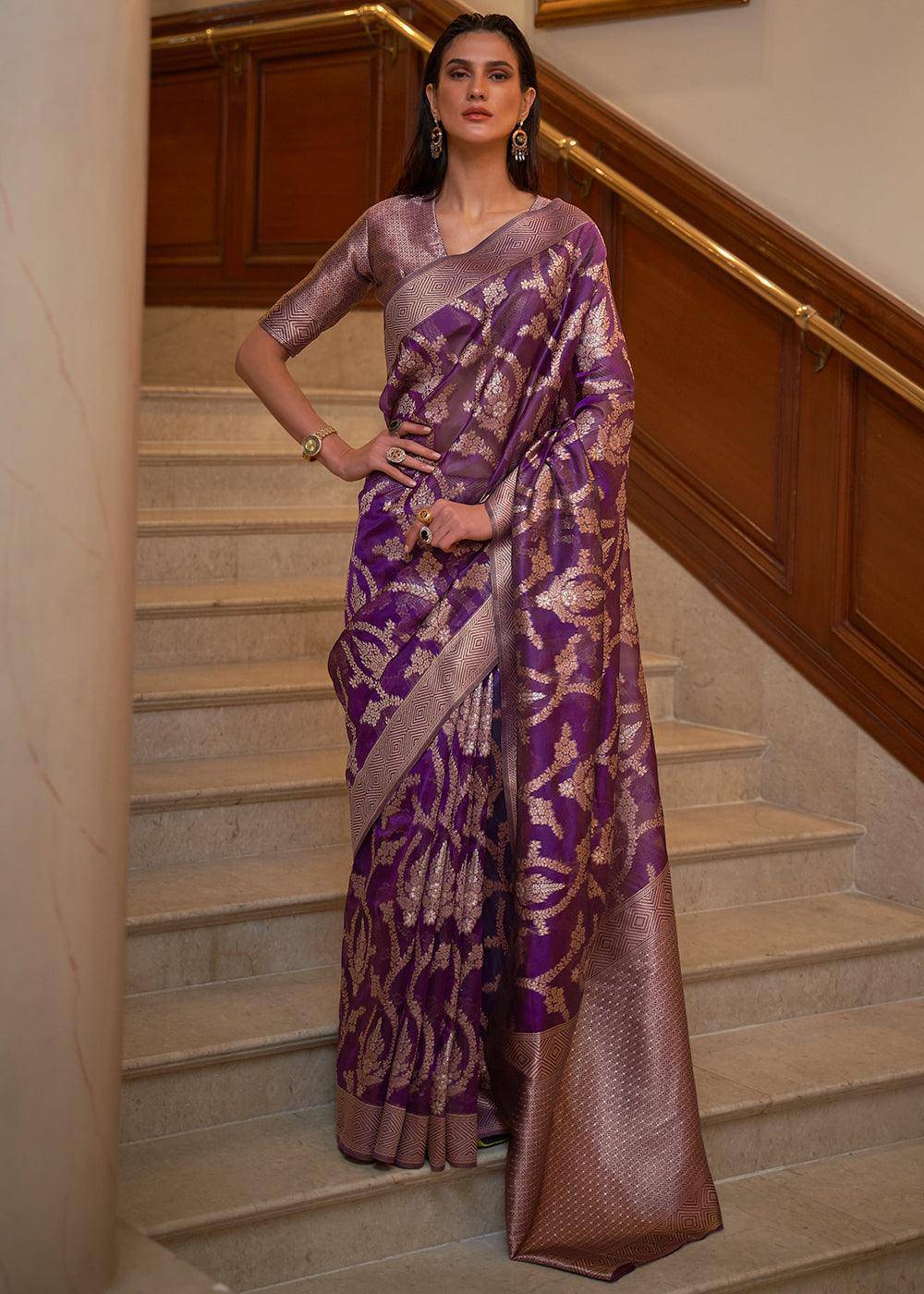 Eminence Purple Two Tone Handloom Woven Organza Silk Saree | Stitched Blouse - qivii