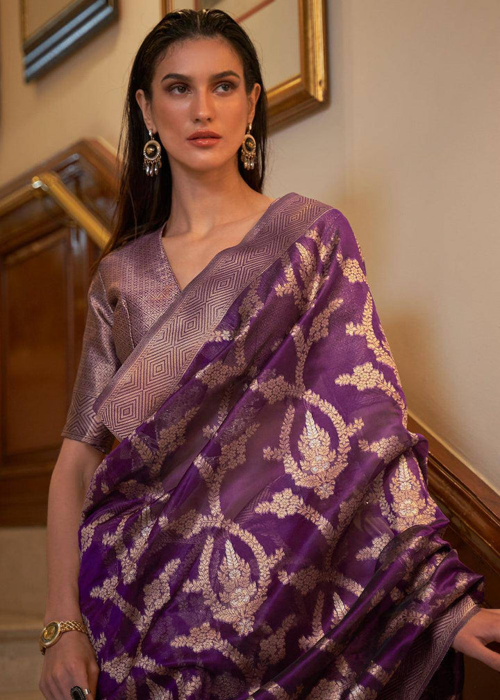 Eminence Purple Two Tone Handloom Woven Organza Silk Saree | Stitched Blouse - qivii