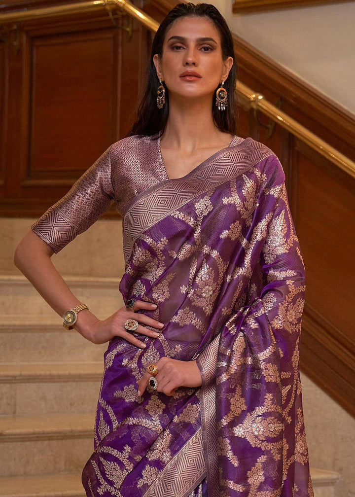 Eminence Purple Two Tone Handloom Woven Organza Silk Saree | Stitched Blouse - qivii