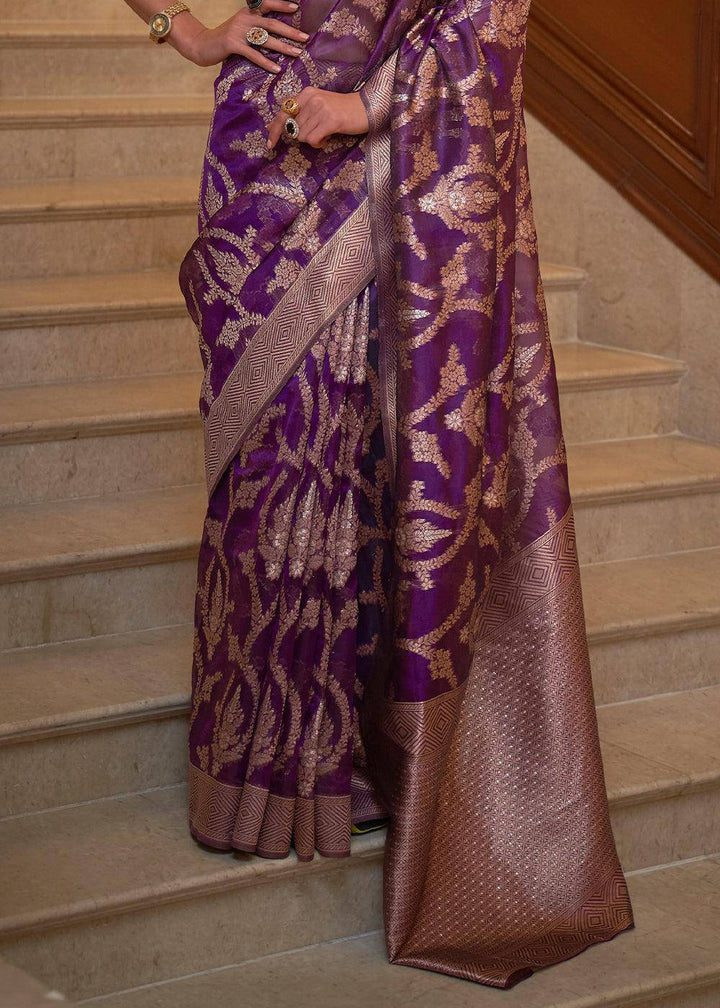 Eminence Purple Two Tone Handloom Woven Organza Silk Saree | Stitched Blouse - qivii