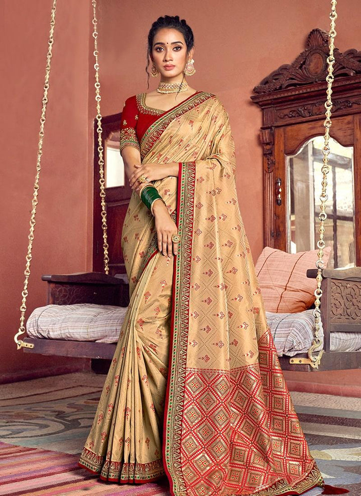 Enthusiastic Double Blouse Concept Embroidery Work Beige Color Saree  - By Kreeva