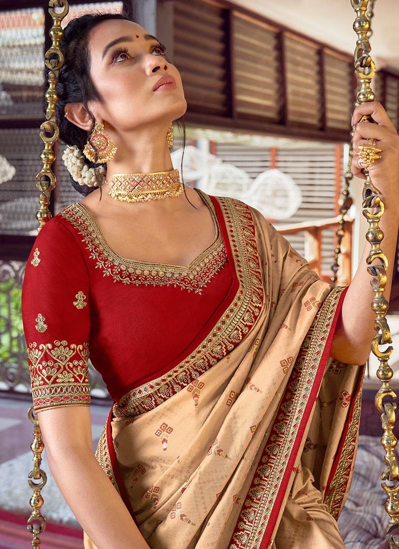 Enthusiastic Double Blouse Concept Embroidery Work Beige Color Saree  - By Kreeva