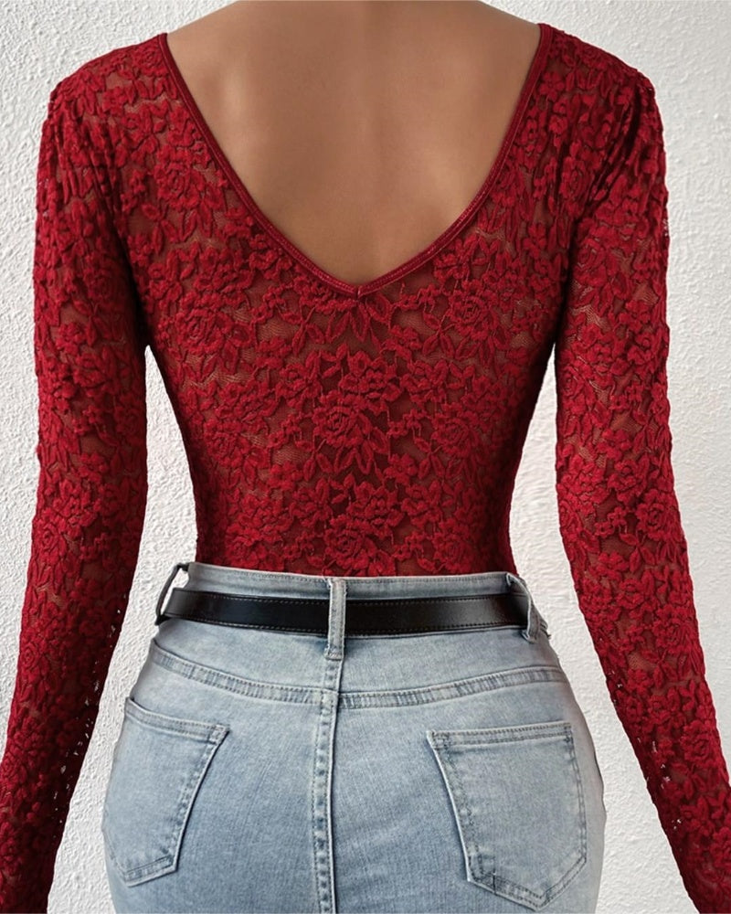 Floral Lace Sheer Long Sleeve Bodysuit V Neck Slim Fit Thong Body Shaper  - By Qivii