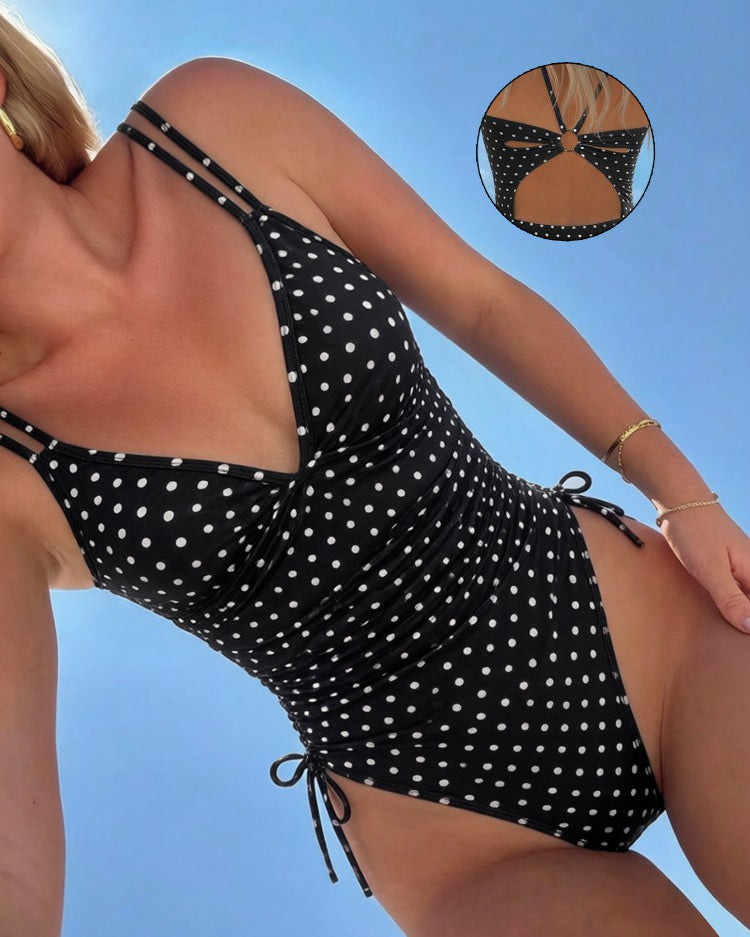 Polka Dot Double Strap Ruched Ring Cutout  One Piece Swimsuit  - By Qivii