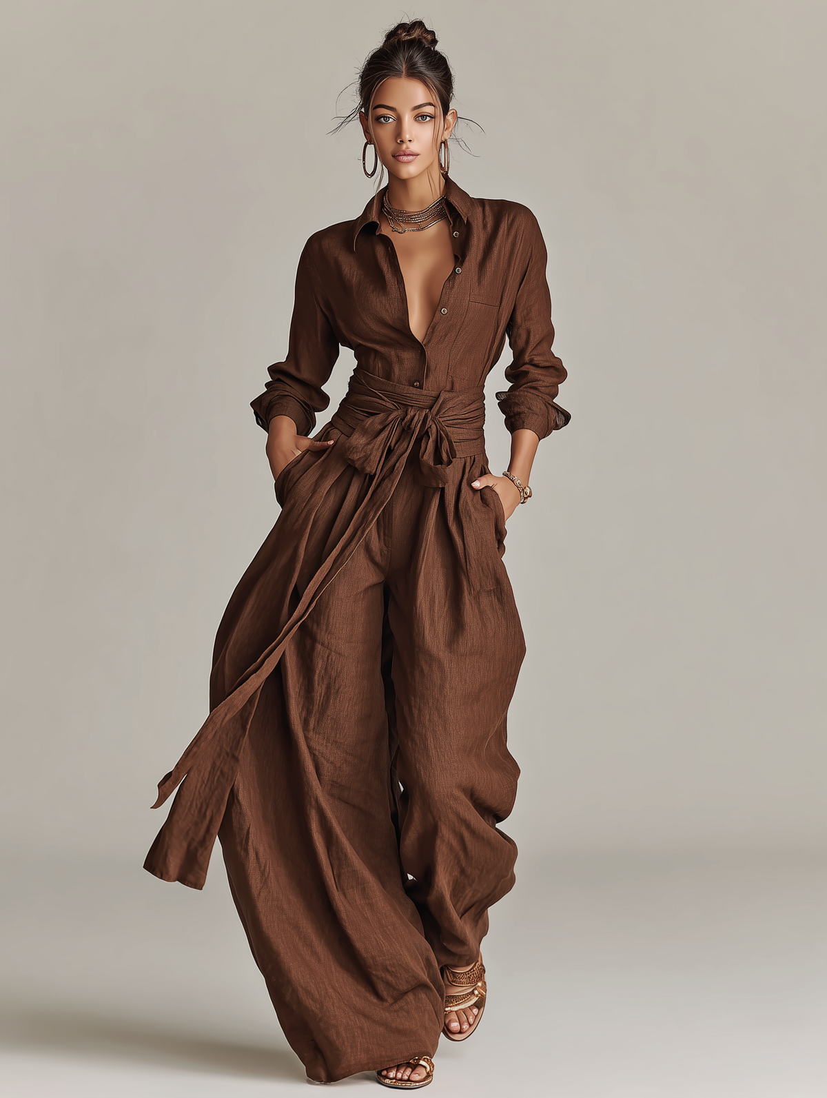 Women's Elegant Brown Woven Cotton-linen Long-sleeved Shirt Collar Jumpsuit With Belt MDA1965L9AN