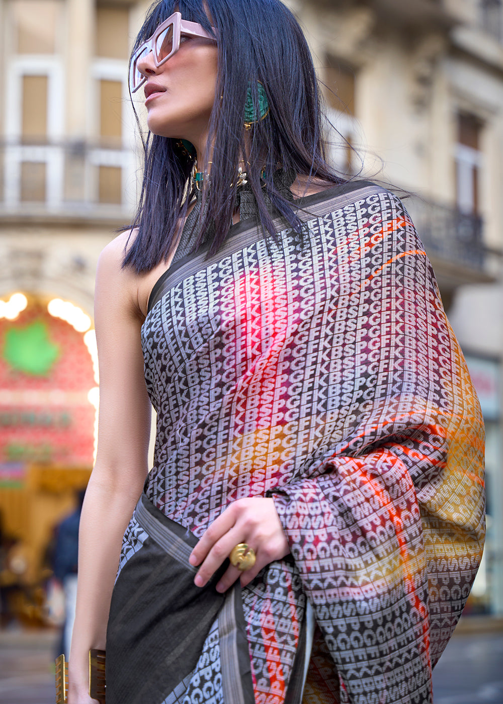 Black & Orange Digital Printed Poly Viscose Saree - qivii