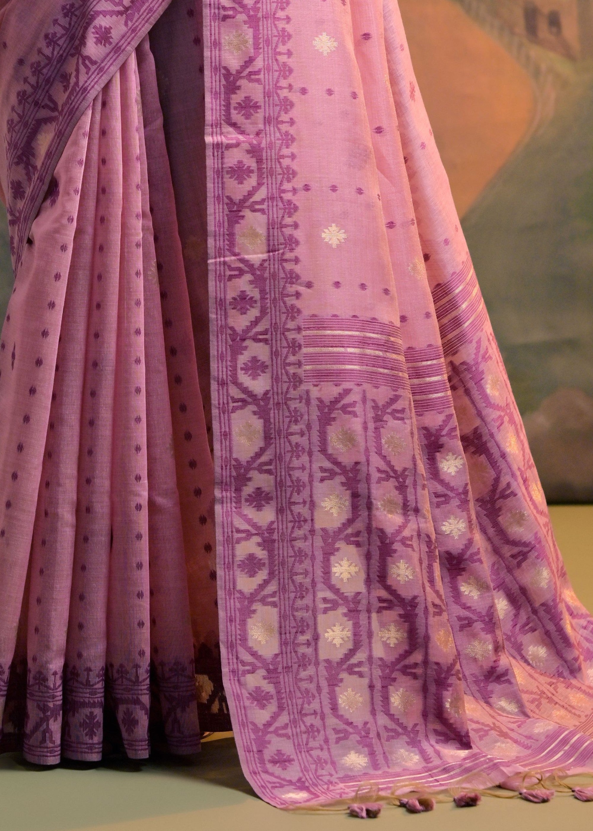 Blush Pink Thread Woven Cotton Saree With All Over Butti - qivii