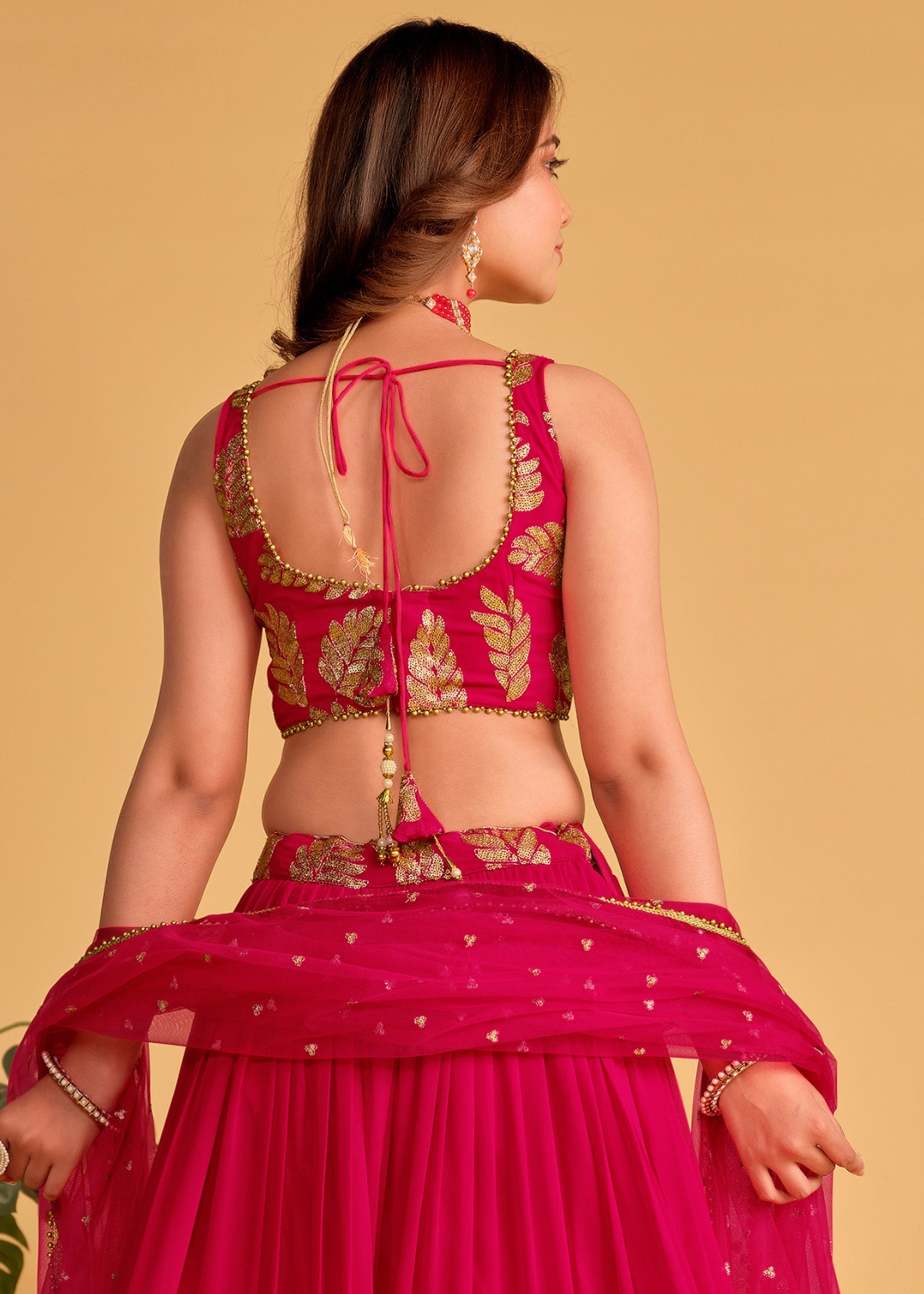 Cerise Pink Georgette Lehenga Choli With Sequins Zari Embroidered Work | Ready To Wear - qivii