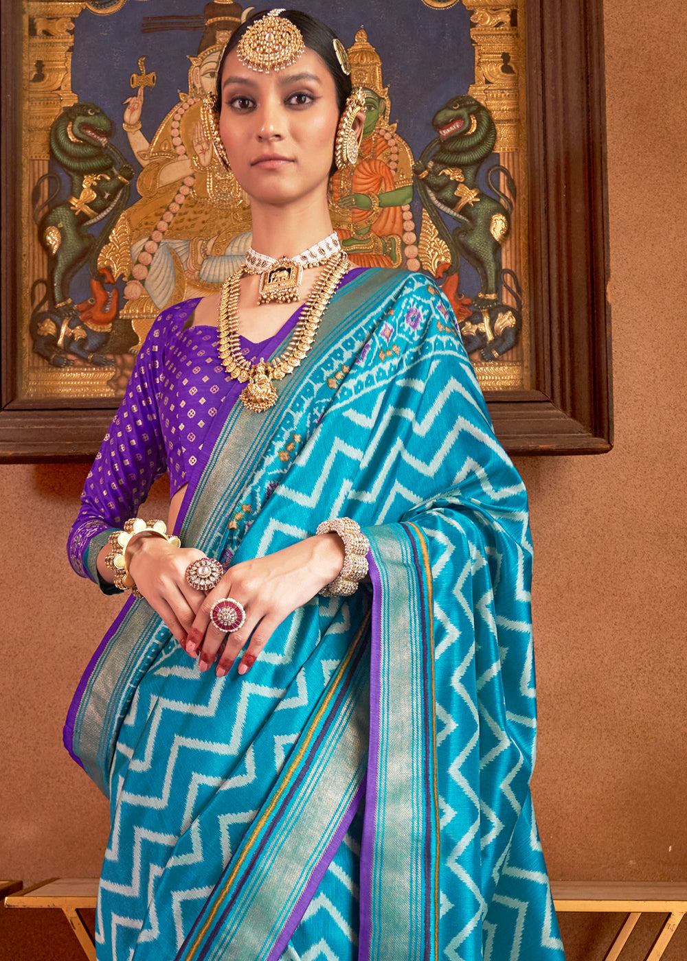 Cerulean Blue Patola Printed Silk Saree with Contrast Blouse - qivii