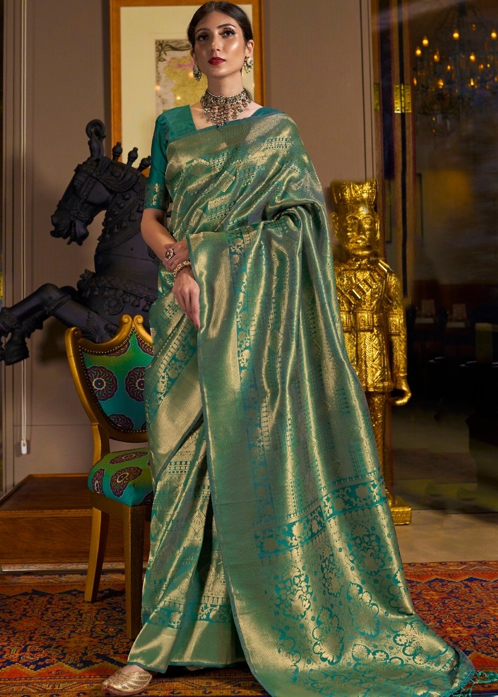 Dark Green and Golden Blend Kanjivaram Soft Woven Silk Saree - qivii