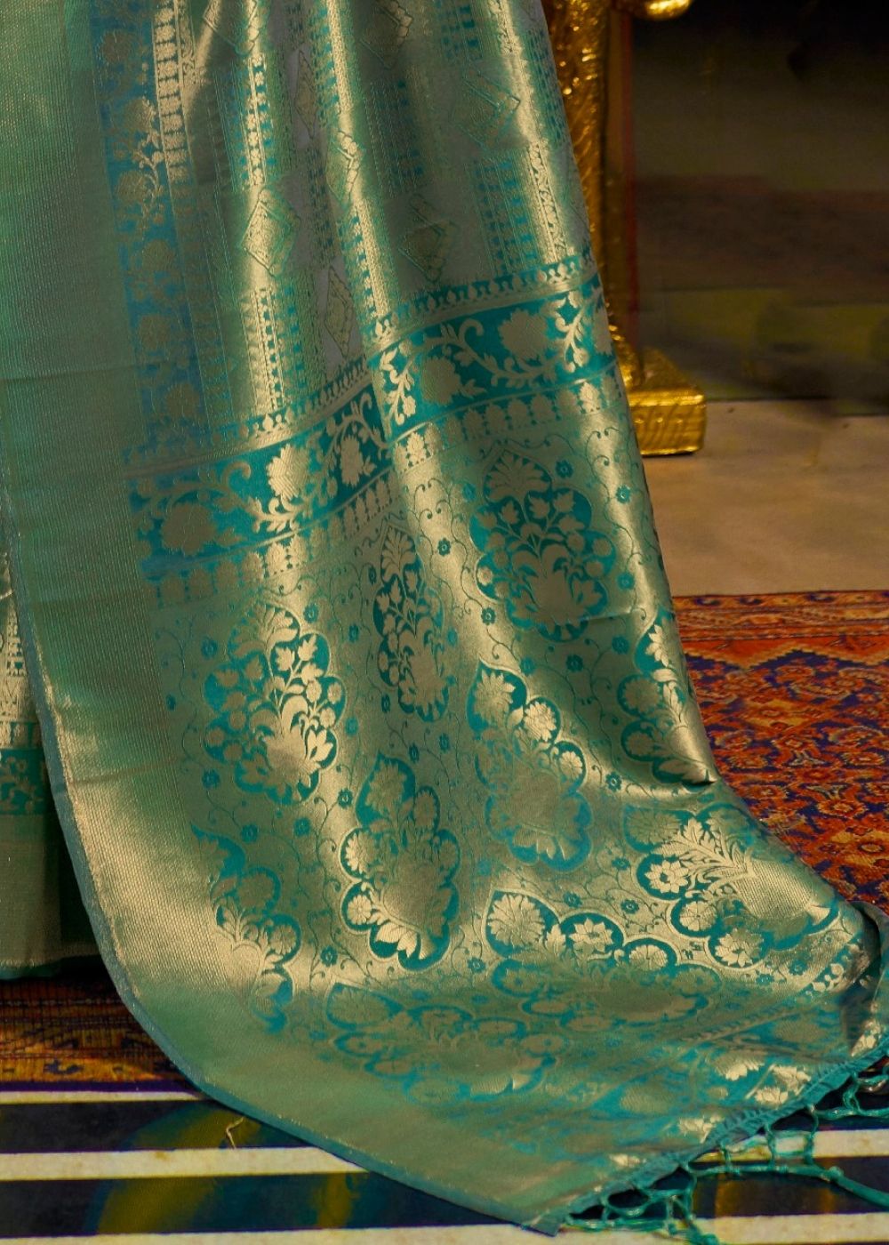 Dark Green and Golden Blend Kanjivaram Soft Woven Silk Saree - qivii