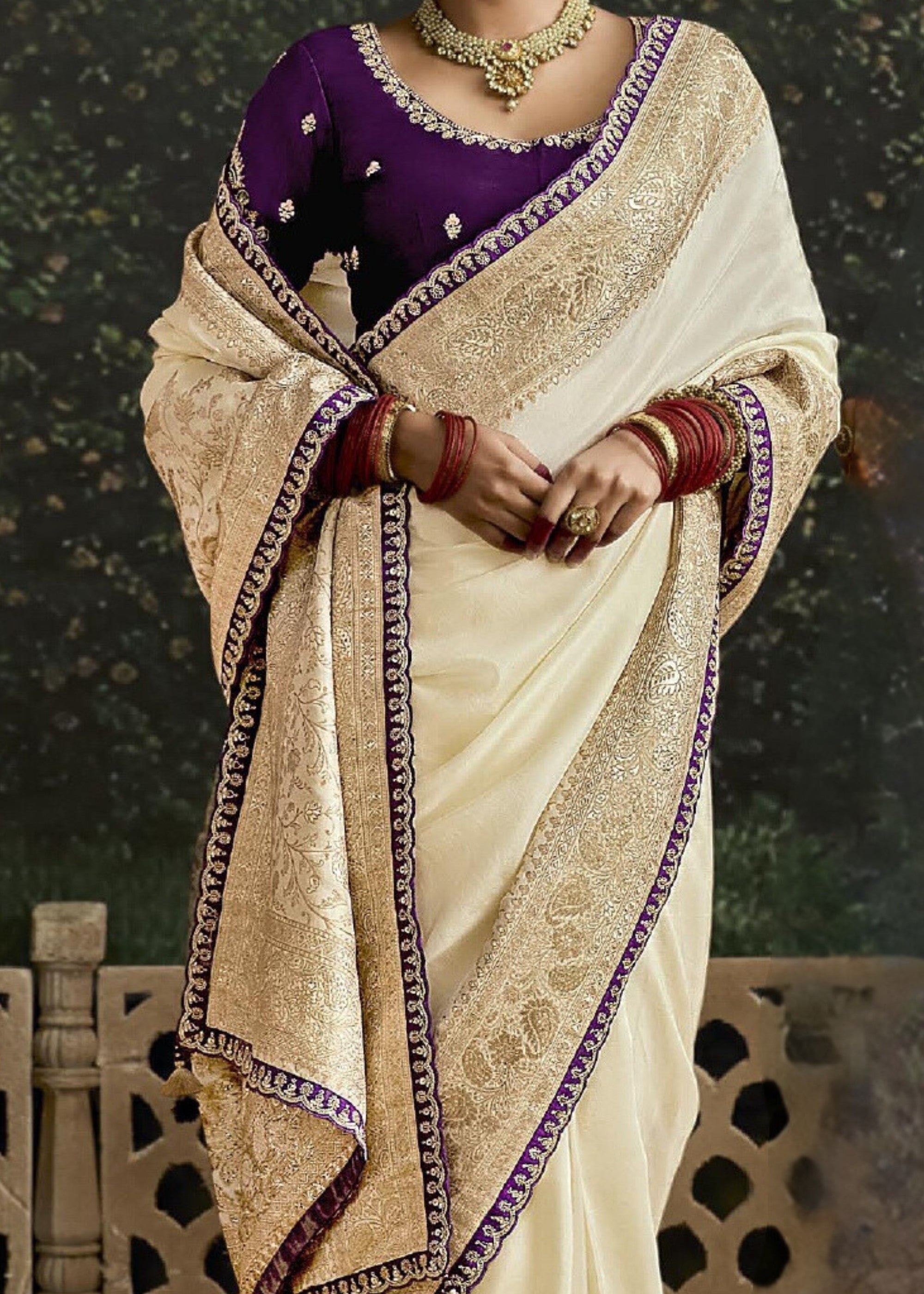 Off-White and Purple Saree with Viscose Silk and Zari Work - qivii