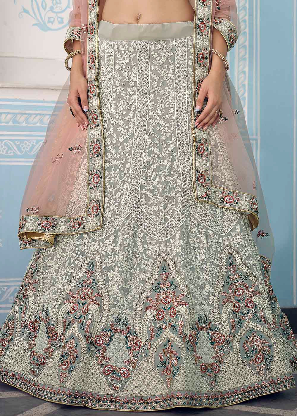 Pewter Grey Georgette Lehenga Choli with Zari,Thread & Zarkan work | Ready To Wear - qivii