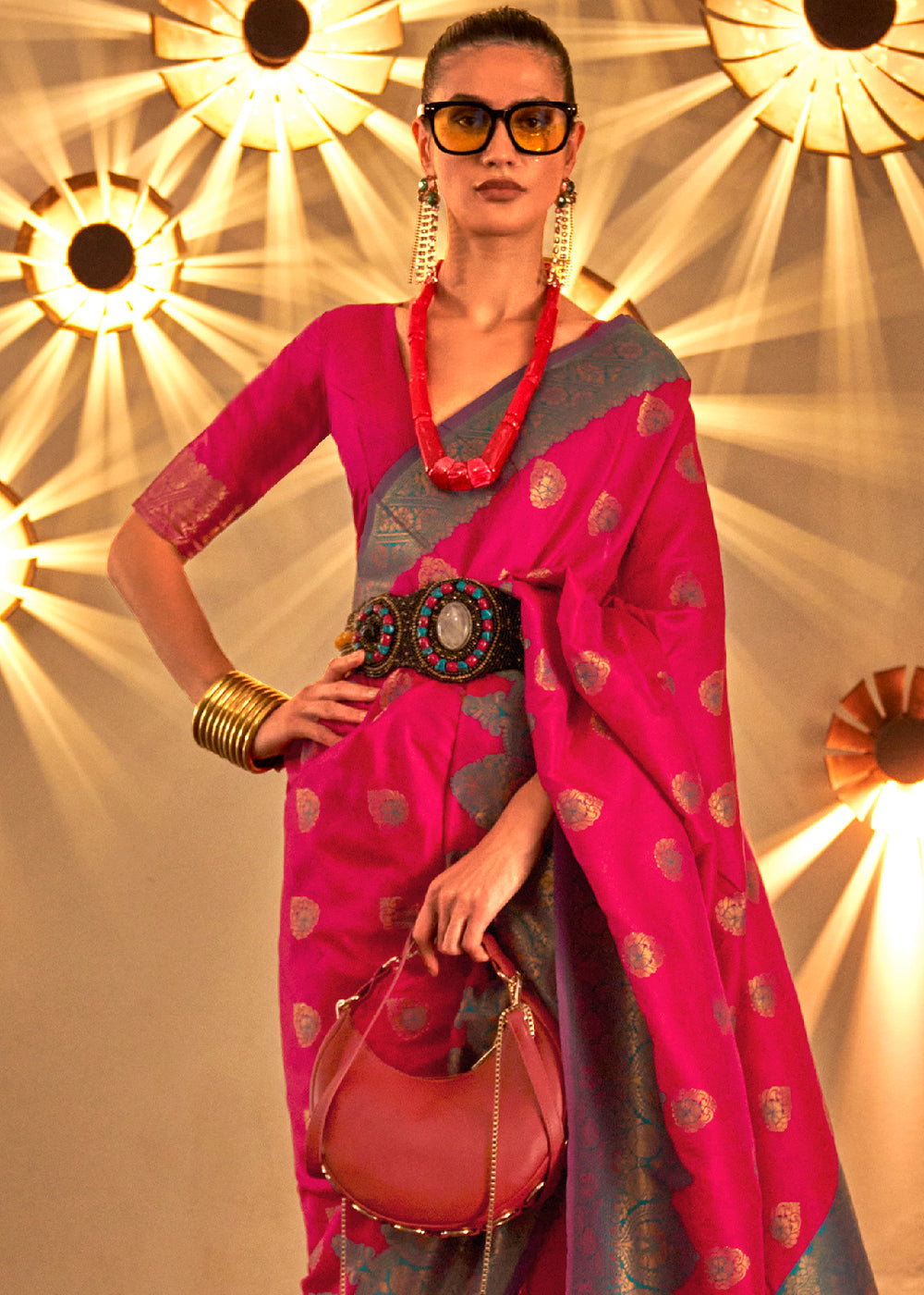 Raspberry Pink Handloom Woven Banarasi Silk Saree - qivii
