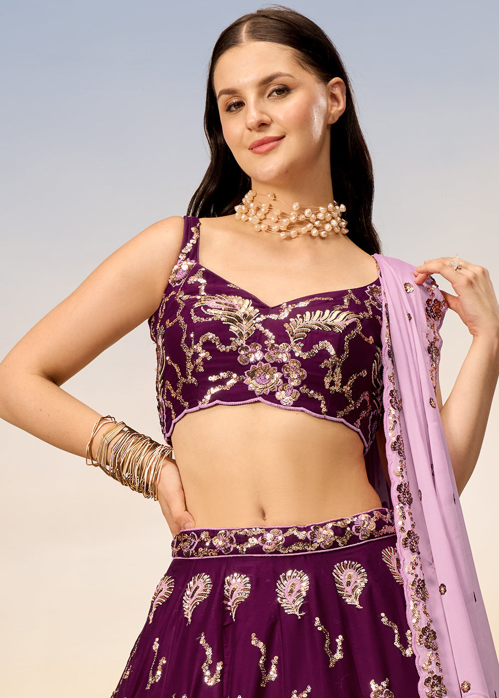 Sangria Purple Georgette Lehenga Choli with Heavy Sequins Embroidery work | Ready To Wear - qivii