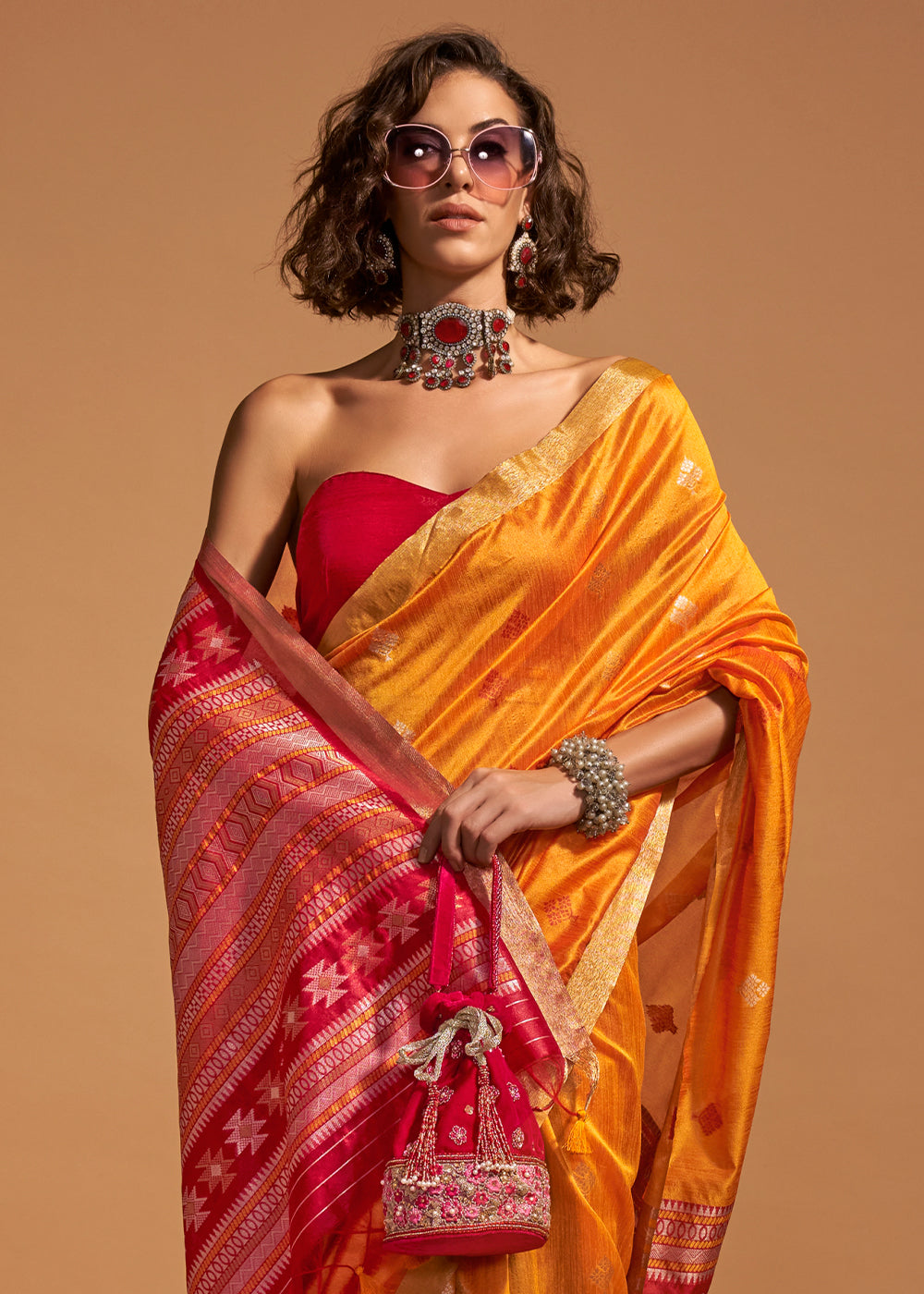 Tangerine Orange Handloom Woven Silk Saree - qivii