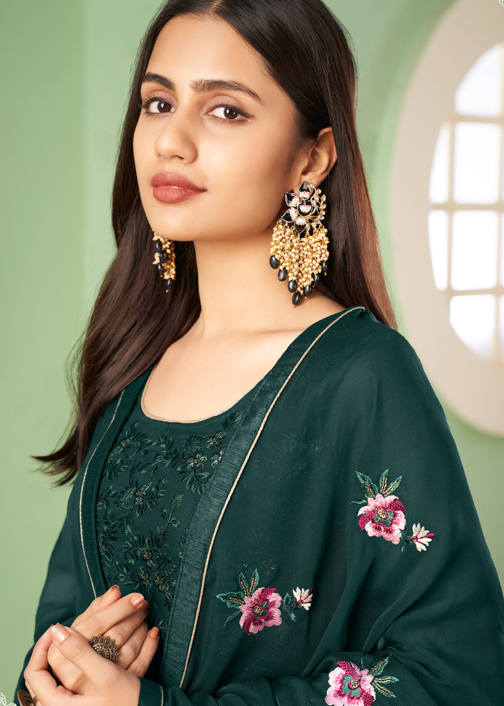 Sacramento Green Georgette Salwar Suit with Multi Colour Thread Embroidery & Sequence work - qivii