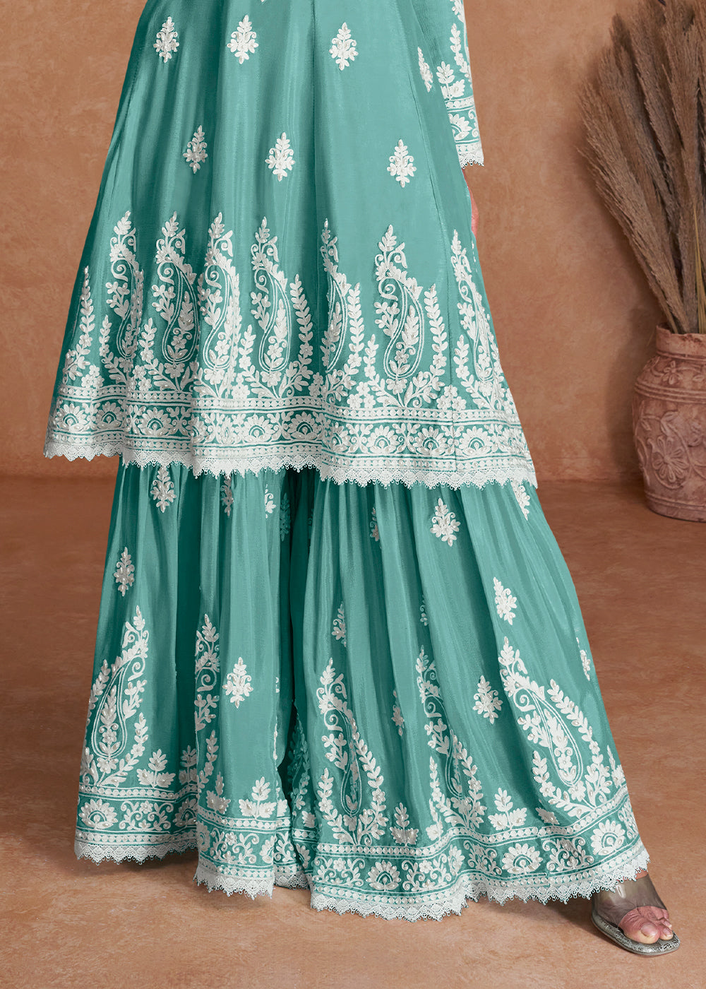 Arctic Blue Silk Plazzo Suit with Embroidery work - qivii