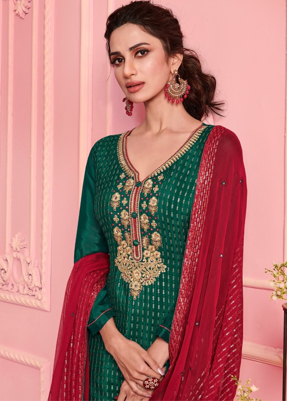 Jungle Green Georgette Salwar Suit with Thread & Zari Embroidery work - qivii