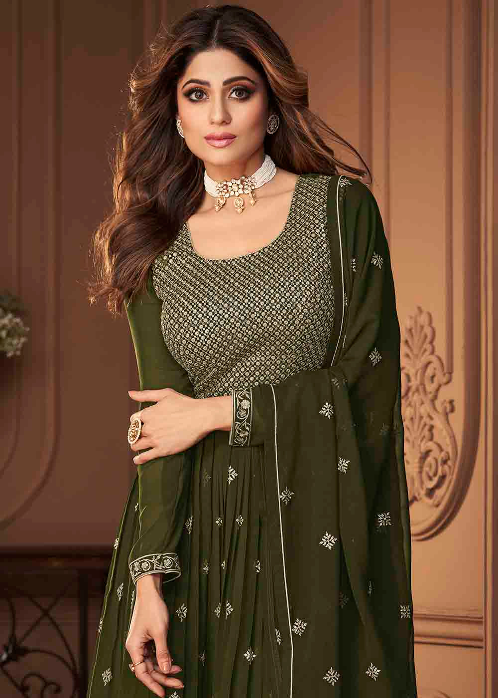 Juniper Green Designer Georgette Plazzo Suit with Sequin & Thread work - qivii