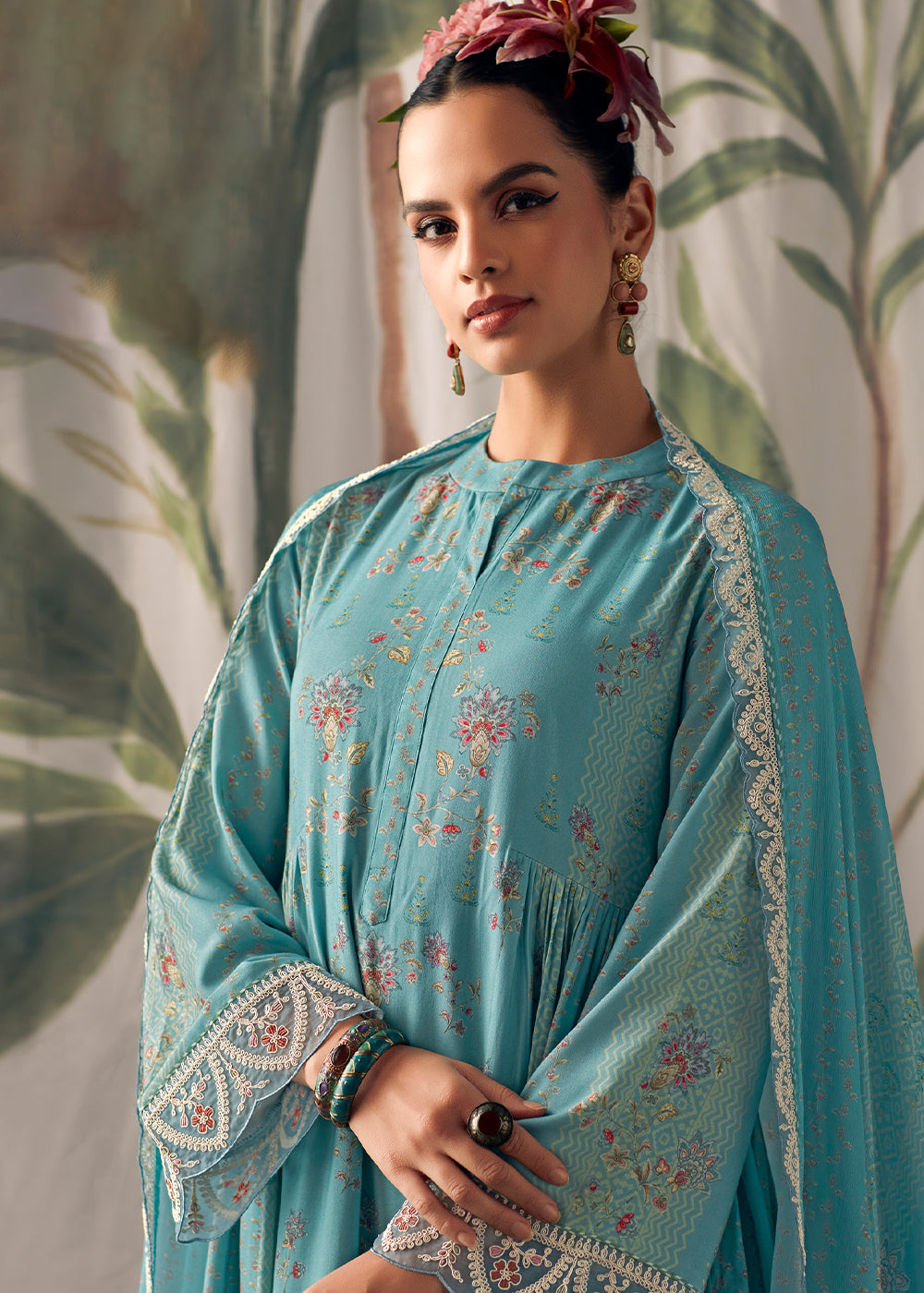 Koi Blue Digital Printed Muslin Salwar Suit with Light Embroidery work - qivii