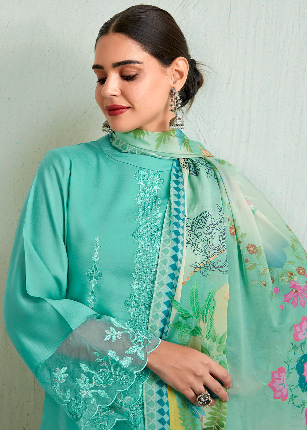 Light Cyan Blue Muslin Salwar Suit with Embroidery work - qivii