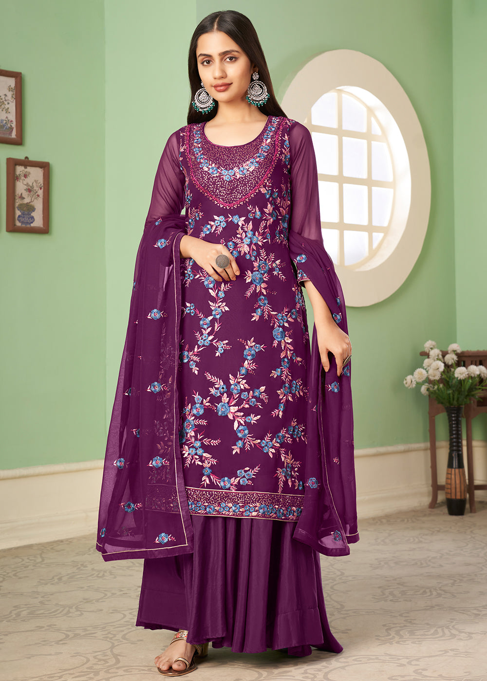 Lollipop Purple Georgette Salwar Suit with Multi Colour Thread Embroidery & Sequence work - qivii