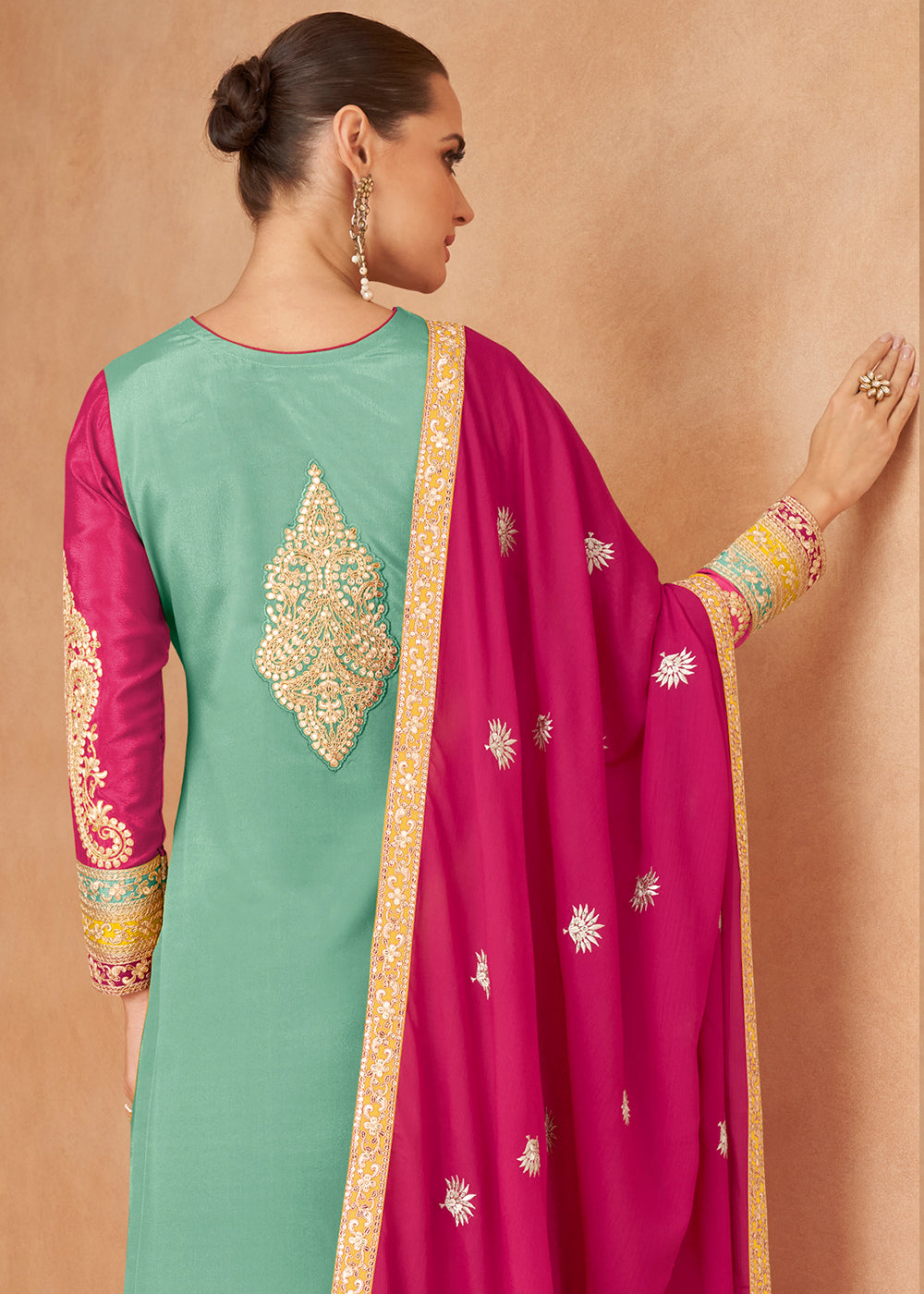 Middle Blue Fully Embroidered Chinon Plazzo Suit - qivii