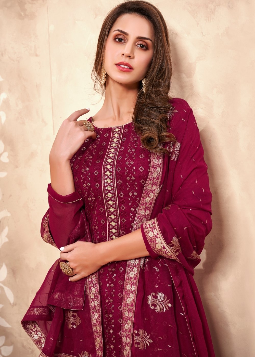 Ruby Pink Georgette Salwar Suit with Thread & Sequence Embroidery work - qivii